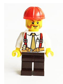 LEGO Minifigure-Construction Foreman - Shirt with Tie and Suspenders, Dark Brown Legs, Red Construction Helmet-Town / City / Construction-CTY529-Creative Brick Builders